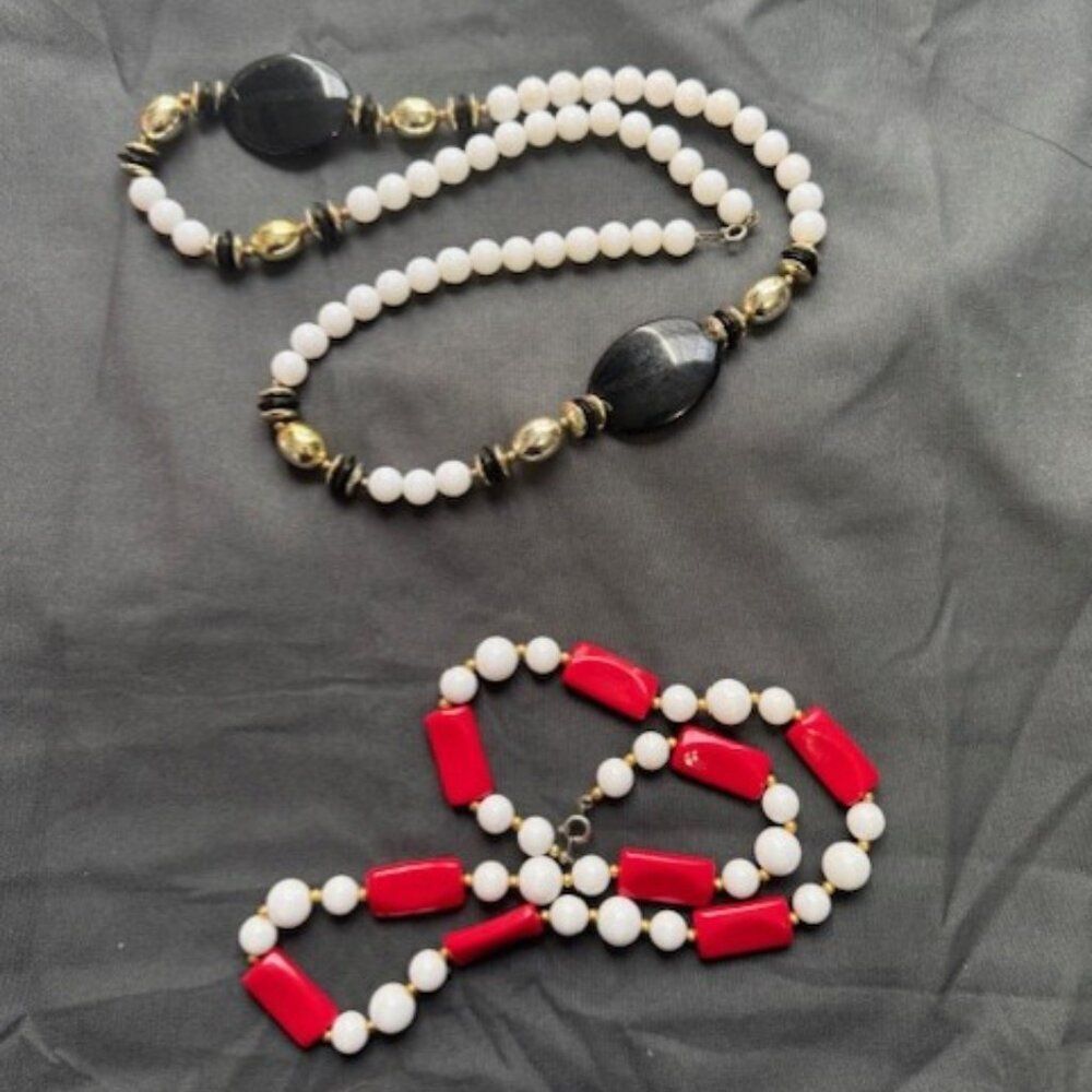 Pair of Vintage Pair of White and Black and Red Beaded Necklaces